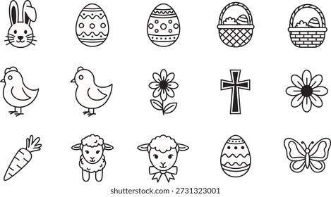 Ilustrações temáticas da Páscoa, incluindo ovos, animais e símbolos religiosos