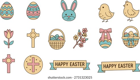 Ilustraciones temáticas de Pascua que incluyen huevos, conejos, pollitos, cestas y flores para la decoración navideña