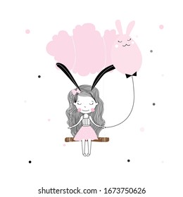 Easter themed kids characters cute little ribbon Holding a rabbit-shaped ball girl in pink with swinging on a cloud cartoon style. eggs hunt, Easter graphics. t-shirt print vector design