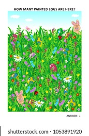 Easter themed page sized visual math puzzle to learn counting with fun: How many painted eggs are here? Answer included.