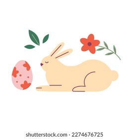 Easter themed rabbit, dyed egg and flowers illustration. Modern minimalist spring vector design. Perfect for a decorated social media post, poster, cover or postcard.