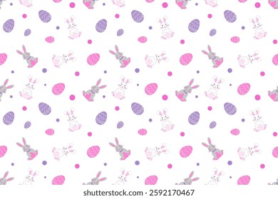 Easter themed seamless pattern featuring bunnies, rabbits, and colorful eggs for festive designs