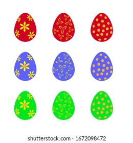Easter themed set of nine colored eggs