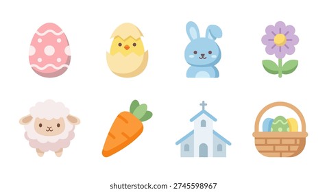 Easter themed symbols including eggs, chicks, bunnies, church, and egg baskets.