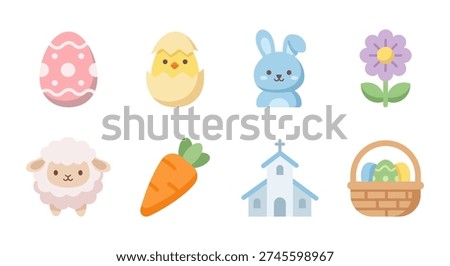 Easter themed symbols including eggs, chicks, bunnies, church, and egg baskets.