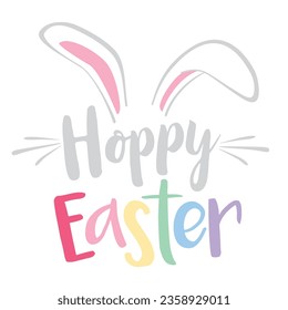 Easter themed vector with large bunny ears, whiskers and  colorful Happy Easter text.