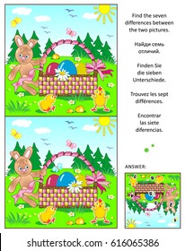 Easter themed visual puzzle: Find the seven differences between the two pictures with bunny, painted eggs, basket and chicks. Same task text in Russian, German, Spanish and French. Answer included.
