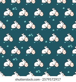 Easter Themed with Whimsical White Bunny and Egg. Perfect for Easter-themed products, holiday decorations, gift wrap, textiles, and spring celebration designs.