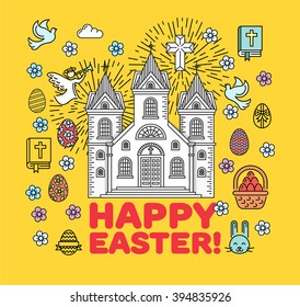 Easter thin line greeting card poster template. Religious flyer card. Church service event. Flat thin line stroke vector concept. Modern minimal illustration. For blog post, social media