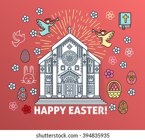 Easter thin line greeting card poster template. Religious flyer card. Church service event. Flat thin line stroke vector concept. Modern minimal illustration. For blog post, social media