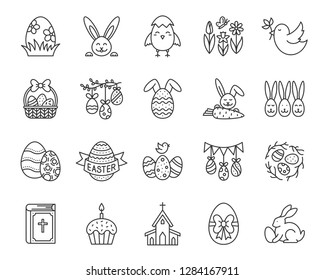 Easter thin line icons set. Outline sign kit of egg. Bunny rabbit linear icon collection includes bird nest, church, chick. Simple spring flower contour symbol isolated on white vector Illustration