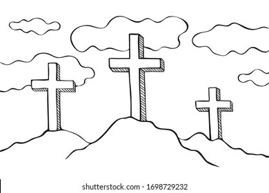 Easter three crosses vector illustration. An illustration is drawn in pencil. Christian coloring book.