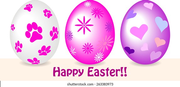 Easter - three eggs, one with dog paws, another with little flowers and the other with hearts in shades of pink, purple and blue