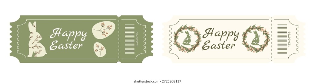 Conjunto de boletos de Pascua con conejito, huevos decorados y coronas florales de primavera en escandinavo