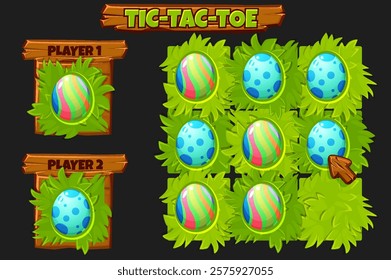 Easter TIC-TAC-TOE ,game UI. Board game playing field with colored eggs. Funny spring holiday Easter. Game Tic Tac Toe