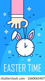 Easter time banner with hand and alarm clock. Thin line flat design. Vector card.