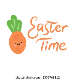 Easter time card. Calligraphy, handwritten text, greeting card, nice carrot.