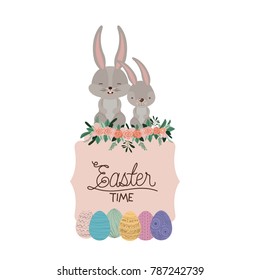easter time frame with bunnies couple on top and easter eggs and ornament floral in colorful silhouette