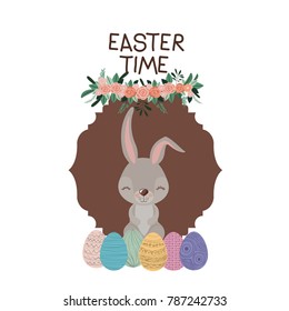 easter time frame with bunny and easter eggs and ornament floral in colorful silhouette