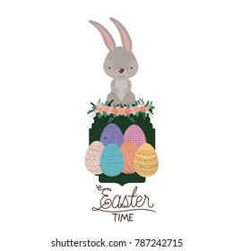 easter time frame with bunny on top and easter eggs and ornament floral in colorful silhouette