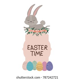 easter time frame with bunny on top and easter eggs and ornament floral in colorful silhouette