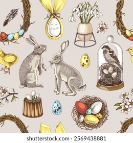 Easter time hand drawn seamless pattern