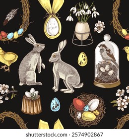 Easter time hand drawn seamless pattern