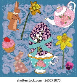 Easter time, illustration with easter bunny, easter floral egg and flowers on the lace background