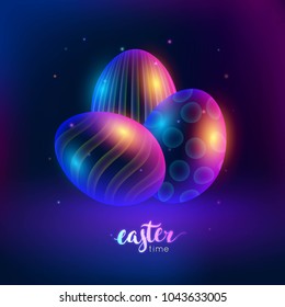 Easter time lettering banner realistic. Image of three eggs with different ornaments on festive flyer. Vector illustration of template