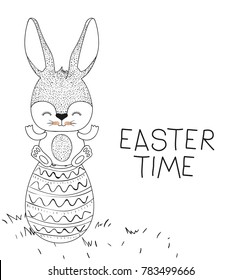 easter time poster with bunny happy expression over easter egg in monochrome silhouette