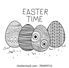 easter time poster with decorative easter eggs in monochrome silhouette