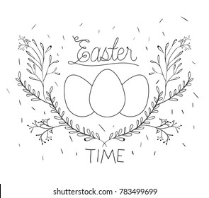easter time poster with eggs and branches decoration around in monochrome silhouette