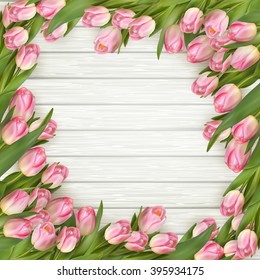 Easter time. Spring. Pink tulips on wooden background. EPS 10 vector file included
