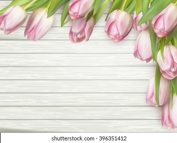 Easter time. Spring. Pink tulips on wooden background. EPS 10 vector file included