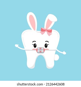 Easter tooth in braces icon isolated. Orthodontist dentistry tooth character in brackets with easter bunny ears costume. Flat design cartoon vector clip art dental kid illustration.