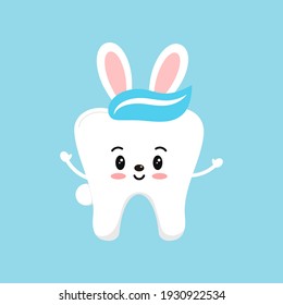 Easter tooth with bunny ears boy dental icon isolated on background. Dentist white cute teeth easter character with rabbit ears and tail. Flat cartoon vector kids dentistry clip art illustration.