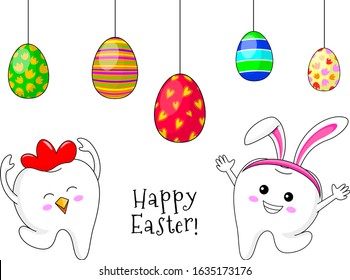 Easter tooth character design with Easter eggs. Funny dental cartoon. Happy Easter holiday concept. Vector Illustration isolated on white background.