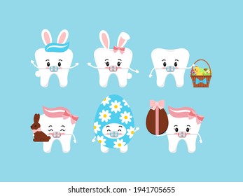 Easter tooth dental braces icon set isolated. Orthodontic dentistry teeth character with bunny ears, eggs, chocolate rabbit, easter basket. Flat design cartoon vector dental clipart kids illustration.