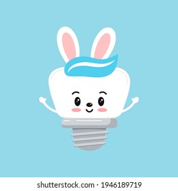 Easter tooth dental implant icon isolated. Orthodontist dentistry tooth character with easter bunny ears. Flat design cartoon vector clip art dental kid illustration.