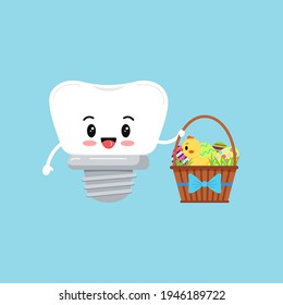 Easter tooth dental implant icon isolated. Orthodontist dentistry tooth character with easter basket. Flat design cartoon vector clip art dental kid illustration.