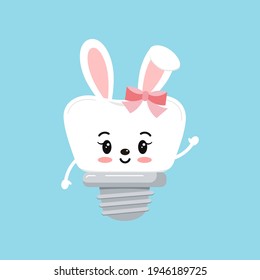 Easter tooth dental implant icon isolated. Orthodontist dentistry tooth easter character with bunny ears and bow. Flat design cartoon vector clip art dental kid illustration.