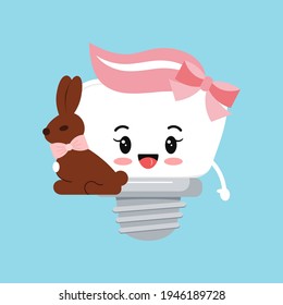 Easter tooth dental implant icon isolated. Orthodontist dentistry teeth character with chocolate rabbit candy. Flat design cartoon vector clip art dental kid illustration.