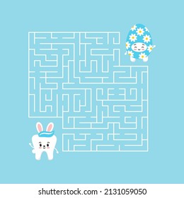 Easter tooth kids maze game activity. Help cute teeth boy with bunny rabbit ears to find right way to his friend easter egg in labyrinth. Vector flat design kid puzzle illustration.