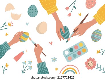 Easter top view scene - happy family preparing for Easter. Mother and daughter or some are painting eggs. Adult and childish hands holding brushes. Vector flat hand drawn illustration