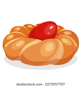 Tradición de Pascua en Grecia. Pan trenzado greco hecho a mano trenzado Tsoureki con huevo rojo en un fondo blanco. Ilustración vectorial de comida tradicional.