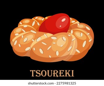 Tradición de Pascua en Grecia. Pan trenzado greco hecho a mano Tsoureki con almendras y huevo rojo sobre un fondo negro. Ilustración vectorial de comida tradicional.