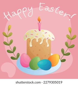 Easter traditional cake with candle, sprinkles, cream and decorations. Easter colorful eggs. Easter religious elements. Simple religious christian and catholic greeting card with lettering