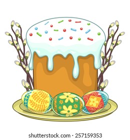 Easter traditional cake and eggs. Design element isolated on white. Eps 10 vector illustration.