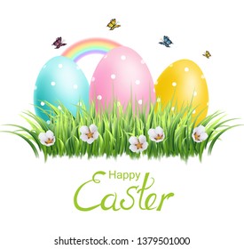 Easter Traditional colorful eggs Vector realistic. Spring holiday banner. 3d detailed poster templates
