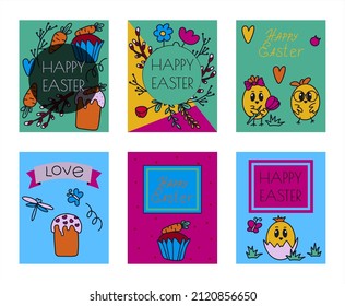 Easter traditional doodle banners - eggs, chickens, basket, Christian vector set decorating. Vector hand drawings ilustration isolated Background cards
